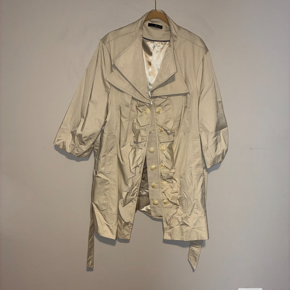 Willi Smith Beige Ruffle Front Trench Coat Womens Belted Double Breasted